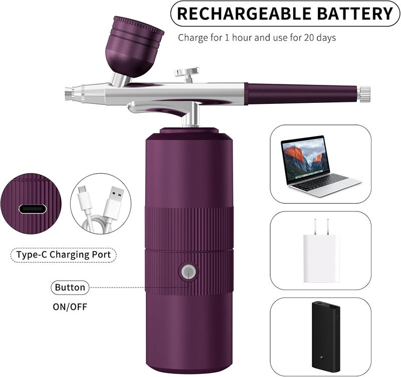 CBVCBV Airbrush Kit with Compressor Portable Airbrush Kit 48PSI High-Pressure Non-Clogging Air Brush Set Cordless Rechargeable with 0.3mm Nozzle and Cleaning Brush for Painting,Nail Art, Makeup (Purple) - Image 5